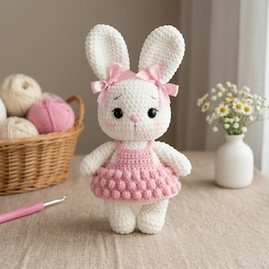 May include: A white crocheted rabbit plush toy featuring long ears adorned with two light pink satin bows. The rabbit has black safety eyes, a pink stitched nose, and rosy cheeks. It wears a textured pink dress with a bobble stitch skirt pattern.