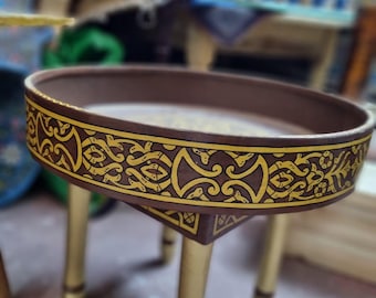 Hand-Painted Moroccan Wood Side Table Gold Arabesque Tripod Legs, Boho Decor