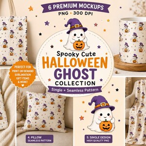 Könnte beinhalten: Eine digitale Designkollektion mit einem wiederkehrenden Muster aus weißen Geistern, die violette Hexenhüte tragen und orangefarbene Kürbisse halten. Der Text lautet Spooky Cute HALLOWEEN GHOST COLLECTION, 6 PREMIUM MOCKUPS, PNG 300 DPI.
