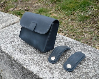 Dark Blue Crazy Horse Leather Charger Case | Travel Tech Organizer (Set of 3)