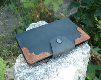 Handmade Black Crazy Horse Leather Wallet | Passport Holder (3 Pocket Card Organizer)