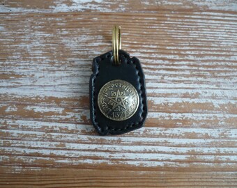 Leather Coin Keychain | Italian Veg Tan Key Fob | Moroccan Coin Concho Keyring | Solid Brass EDC Key Holder | Vintage Heritage Gift