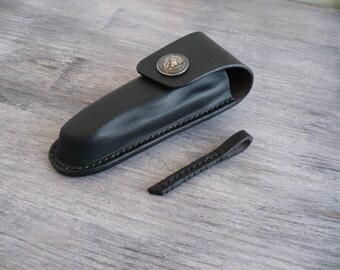 Leather Knife Sheath for Victorinox 111mm | Black Belt Holster EDC Case | Swiss Army Knife Pouch with Coin Concho | Outdoor Gift