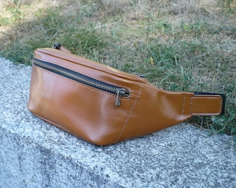 Leather Fanny Pack in Caramel | Crossbody Sling Bag | Genuine Leather Waist Bag | Unisex Hip Pack | Everyday Belt Bag
