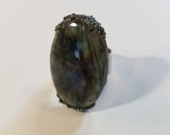 Adjustable laborarite gemstone ring