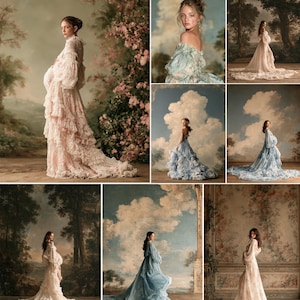 May include: A collection of floor-length gowns featuring long sleeves, layered ruffles, and intricate lace detailing. These garments are presented in various soft pastel shades, including pale pink and light blue, with flowing silhouettes and trains.