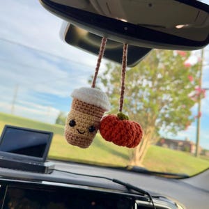 Crochet Fall Car Hanger, Crochet Pumpkin Coffee Car Hanger, Fall Car Charm