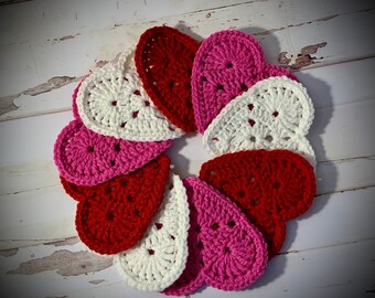 Heart Coasters, Set of 6, Mixed Heart Colors, Crochet Coasters, Valentine’s Day, Handmade, Handmade Coasters, Valentine decor, Valentine