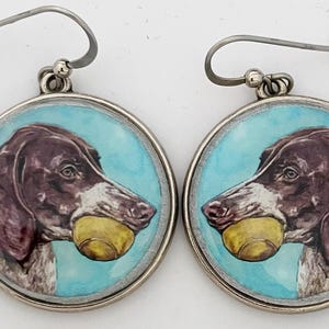 Pode incluir: Um par de brincos de prata com fundo azul e um cão castanho e branco com uma bola amarela na boca.