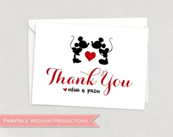 Personalized Disney Inspired Kissing Mickey & Minnie Mouse Minimalistic Fairytale Wedding Thank You Note Card - DIY Digital Print