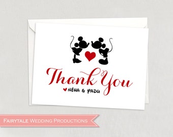 Tarjeta de agradecimiento de boda minimalista personalizada inspirada en Disney con besos de Mickey y Minnie Mouse: impresión digital DIY