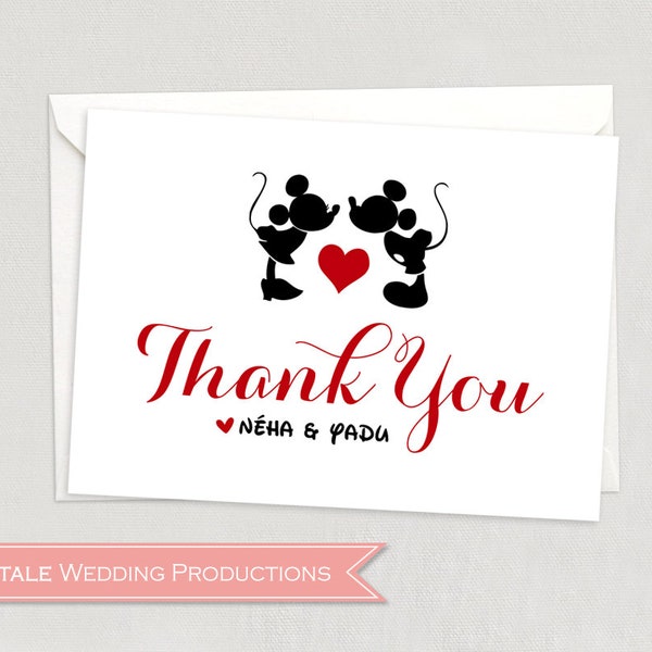 Personalized Disney Inspired Kissing Mickey & Minnie Mouse Minimalistic Fairytale Wedding Thank You Note Card - DIY Digital Print