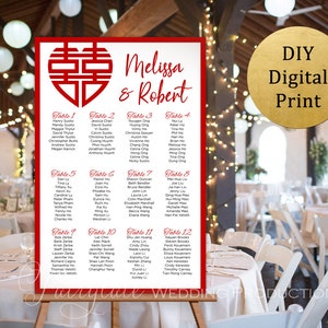 Chinois Fusion Mariage Réception Plan de salle Signe de bienvenue Affiche Tableau Chinois Double Bonheur Chinois en forme de cœur - DIY Digital Print