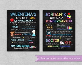 May include: Two chalkboard signs with colorful illustrations and text announcing the first day of kindergarten for Valentina and Jordan. Valentina's sign features Moana and Frozen, and Jordan's sign features Thomas the Tank Engine. Both signs include the child's age, favorite things, and future career aspirations.