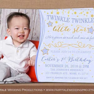 Personnalisé bleu Twinkle Twinkle Little Star bébé garçon heureux premier anniversaire Party Photo carte d’Invitation - 5 x 7 bricolage Digital imprimable