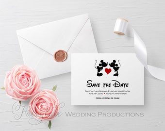 Disney Fairytale Wedding Kissing Mickey & Minnie Mouse Minimalistic Save The Date Announcement Invitation Card - 5x7 Stampa digitale fai-da-te