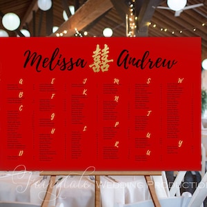 Personalisiertes Rot & Gold Doppelglück Motiv Chinesische Hochzeit Empfang Asiatisches Bankett Gästesitzkarte Poster Schild - DIY Digitaldruck