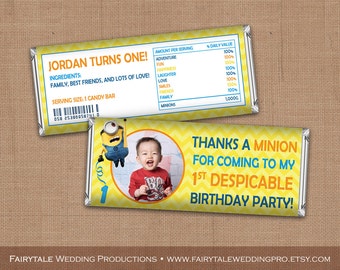 Personalized Despicable Me Minions Birthday Chocolate Bar Candy Wrapper, Thank You Favors - DIY Digital Printable