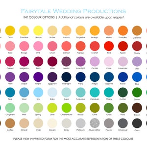 May include: A chart of 60 different ink colors for wedding invitations. The colors are arranged in rows and columns, with each color represented by a circle. The colors include gold glitter, gold, sunshine, lemon, butter, peach, tangerine, mango, melon, pumpkin, caramel, coral, blush, rose, rouge, pink, crush, salmon, papaya, scarlet, red, apple, cherry, burgundy, fuchsia, garnet, magenta, berry, wine, merlot, amethyst, orchid, posie, lavender, lilac, periwinkle, mauve, plum, grape, purple, eggplant, midnight, navy, indigo, sapphire, royal, blue, azure, cobalt, teal, steel, sky, baby, aqua, turquoise, cerulean, tiffany, hunter, green, emerald, jade, gingham, mint, spring, lime, chartreuse, biscay, olive, grass, moss, brown, chocolate, mocha, coffee, wheat, khaki, cream, gray, platinum, silver glitter, pewter, charcoal, onyx, and ebony.