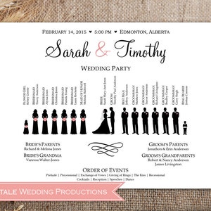 May include: A wedding announcement with black silhouettes of the bride and groom, their wedding party, and their families. The announcement includes the date, time, and location of the wedding, as well as the names of the bride and groom. The text "Fairytale Wedding Productions" is at the bottom of the announcement.