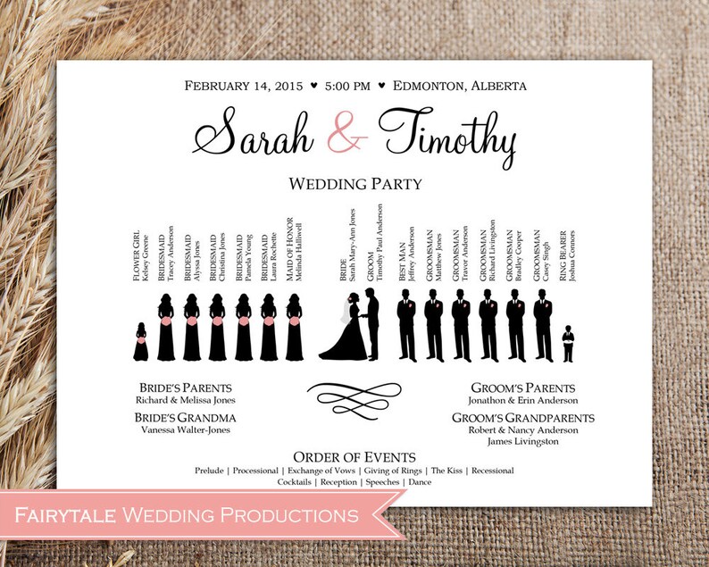 May include: A wedding announcement with black silhouettes of the bride and groom, their wedding party, and their families. The announcement includes the date, time, and location of the wedding, as well as the names of the bride and groom. The text "Fairytale Wedding Productions" is at the bottom of the announcement.