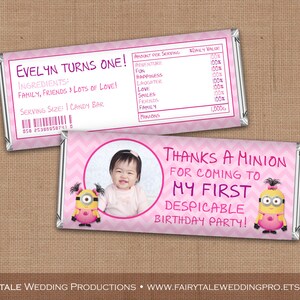 Emballage de bonbons personnalisé pour barre de chocolat d'anniversaire Chevron rose Minions, Despicable Me Girl, cadeaux de remerciement - DIY numérique imprimable