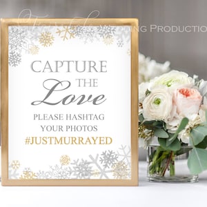 Winter Wonderland Silver & Gold Snowflakes Wedding Reception Instagram Facebook Snapchat Hashtag Table Sign - Any Size DIY Digital Print