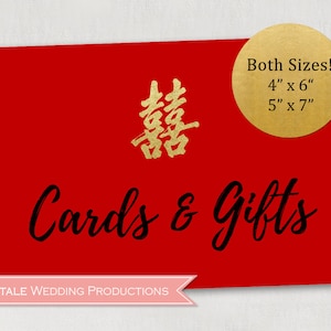 Elegante doppia felicità rosso oro cinese asiatico matrimonio ricevimento decoro carta e regali Segno tavolo di benvenuto - 4x6 e 5x7 fai da te stampe digitali