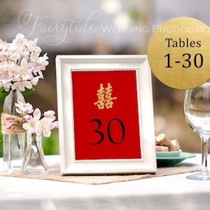 Bella elegante cinese doppia felicità rosso & oro ricevimento matrimonio numeri 1-30 cartelli - 5x7 stampe digitali fai-da--me