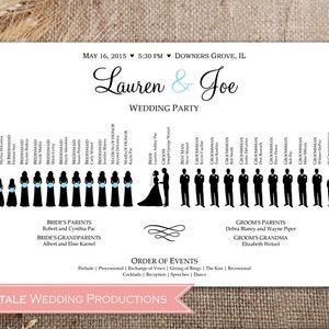 May include: A wedding announcement with a black and white silhouette of the wedding party. The announcement includes the names Lauren and Joe, the date May 16, 2015, and the location Downers Grove, IL. The order of events is listed below the wedding party.