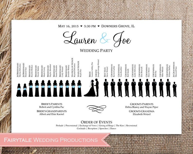 May include: A wedding announcement with a black and white silhouette of the wedding party. The announcement includes the names Lauren and Joe, the date May 16, 2015, and the location Downers Grove, IL. The order of events is listed below the wedding party.