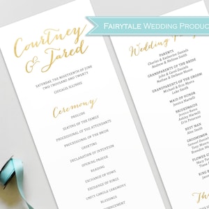 Faux Gold Foil Long Tea Longueur Cérémonie de mariage Ordre du Programme de service Imprime Classic Fancy Calligraphie - 4x9.25 DIY Digital Print