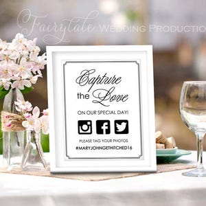 Capture o amor personalizado no Snap! Hashtag Sinal de mesa de recepção de casamento - Monograma de caligrafia elegante - 8x10 DIY digital para impressão