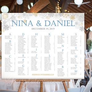 Winter Wonderland Silver & Gold Snowflakes Wedding Reception Seating Chart Find Your Seat Welcome Sign Poster Board - DIY Digital Print