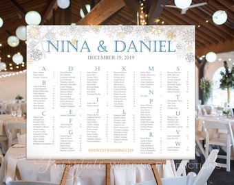 Winter Wonderland Silver & Gold Snowflakes Wedding Reception Seating Chart Find Your Seat Welcome Sign Poster Board - DIY Digital Print