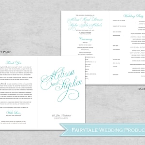 May include: Wedding program with a teal blue and black color scheme. The front page features a thank you message to guests and the couple's names in a cursive font. The back page includes the wedding party list and ceremony details.