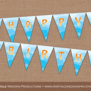 May include: A blue and orange banner with the words "Happy Birthday" in a bubble font. The banner features a cartoon fish and a cartoon character with blonde hair and a blue shirt.
