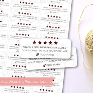 May include: A sheet of stickers with the text "Thanks for shopping my closet! Don't forget to rate your purchase!" and the Posmark logo. The stickers are white with maroon text and stars.
