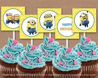 Despicable Me Minions Birthday Party Cupcake Toppers, Favor Tags, Thank You Stickers - Yellow Chevron - DIY Digital Printable