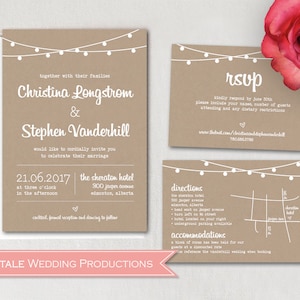 Ensemble d’invitation de mariage Kraft vintage rustique avec hébergement de réception RSVP en option Registre de cadeaux Insérer des cartes - DIY Digital Printable