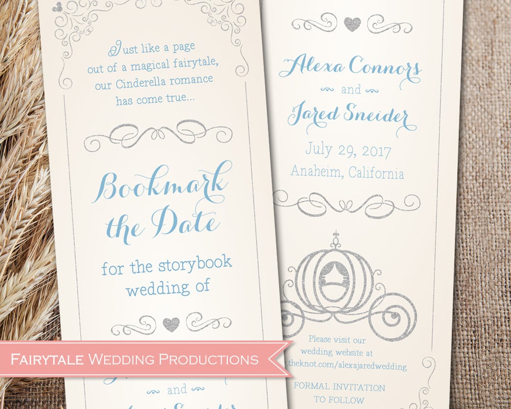 Disney Fairytale Wedding Cinderella Storybook Romance Save the Date Bookmarks Pumpkin Carriage Princess Castle - DIY Digital Printable
