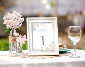 Winter Wonderland Gold Silver Snowflakes Wedding Reception Decor Table Numbers 1-20 Signs Cards - 5x7 DIY Digital Prints