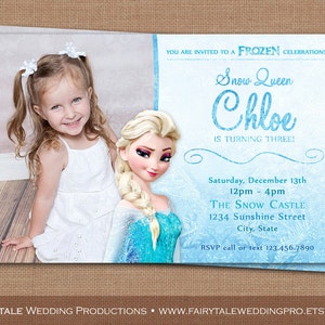 Gepersonaliseerde Frozen Snow Queen Elsa verjaardagsuitnodiging voor fotofeestje - 4 x 6 5 x 7 DIY digitale afdrukbare uitnodigingen - Disney, prinses, kindertekenfilm