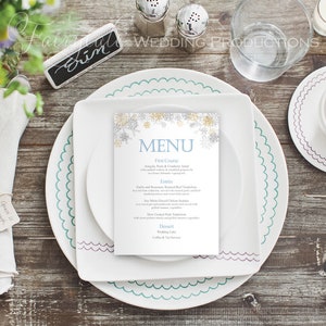Invierno País de las Maravillas Oro Plata Copos de plata recepción decoración decoración cena menú mesa signo de invitado tarjeta - cualquier tamaño DIY impresión digital