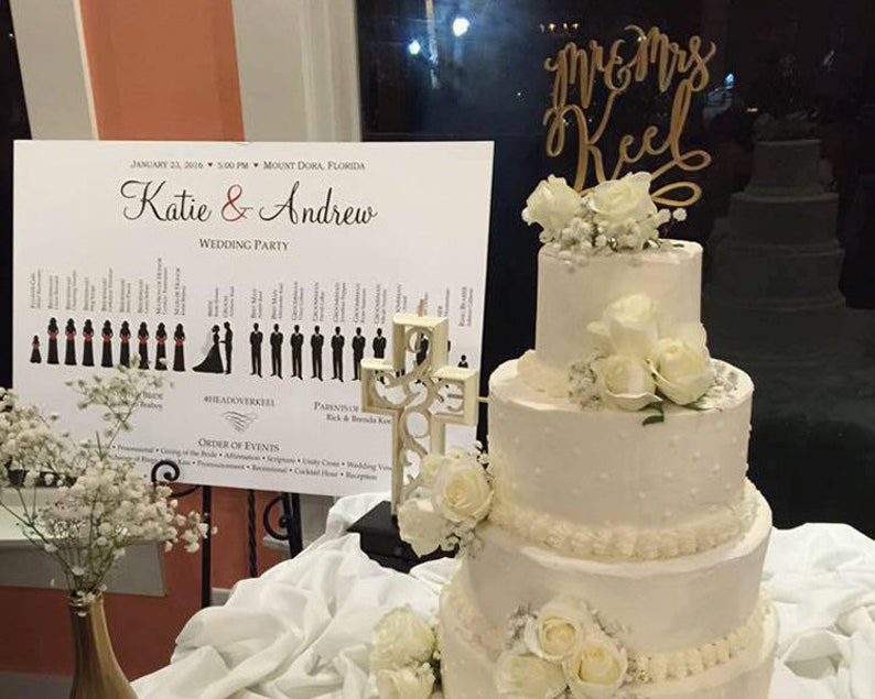 May include: A white wedding cake with white flowers and a gold "Mr. & Mrs. Keel" topper. The cake is on a table with a sign that says "Katie & Andrew Wedding Party" and a list of the wedding party members.