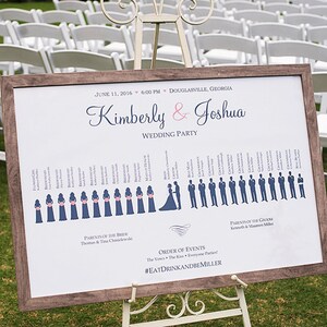 May include: A wedding sign with a wooden frame and a white background. The sign includes the names Kimberly & Joshua, the date June 11, 2016, and the location Douglasville, Georgia. The sign also includes a list of the wedding party members and the order of events.