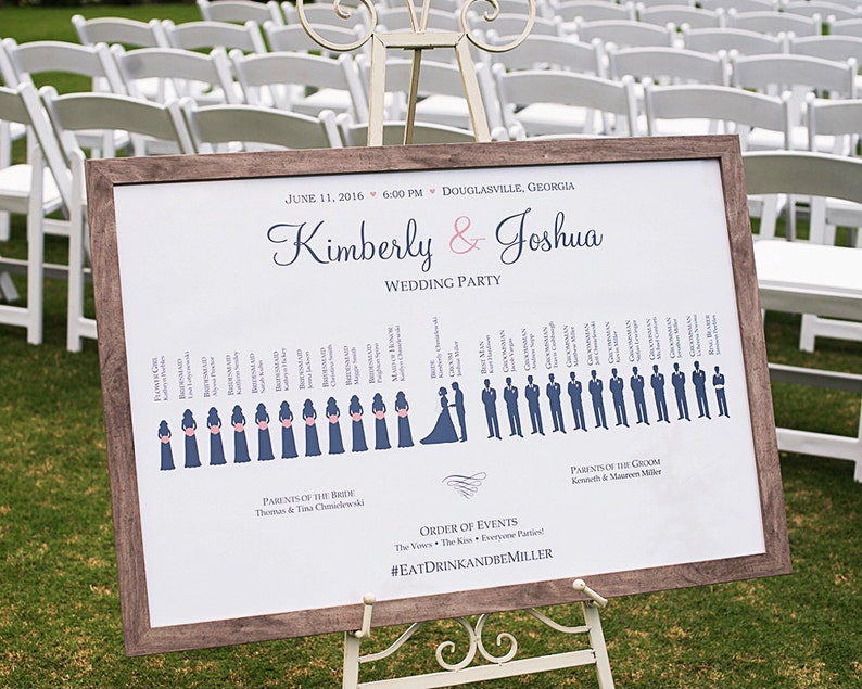 May include: A wedding sign with a wooden frame and a white background. The sign includes the names Kimberly & Joshua, the date June 11, 2016, and the location Douglasville, Georgia. The sign also includes a list of the wedding party members and the order of events.