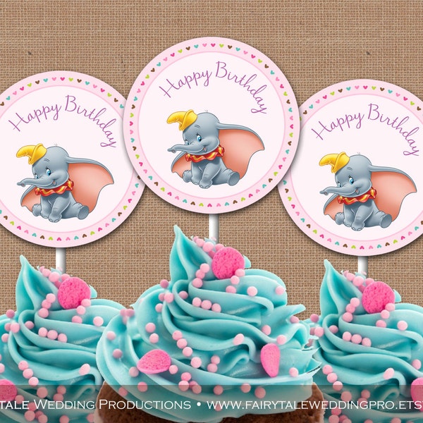 Dumbo l'éléphant thème anniversaire rose Chevron Cupcake Toppers merci étiquettes de faveur décor de fête - bricolage imprimables numériques