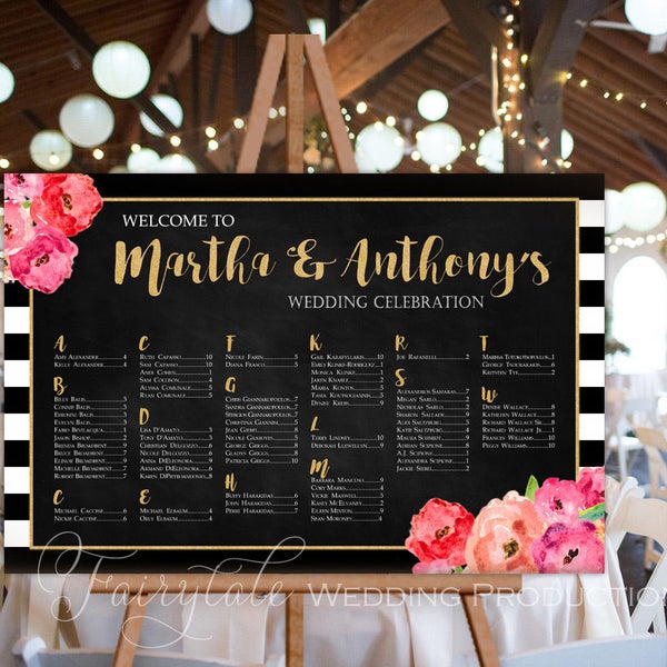 Black & White Stripe Gold Floral Rustic Wedding Reception Guest Seating Chart Poster Sign Watercolour Peonies Flowers - DIY Digital Print