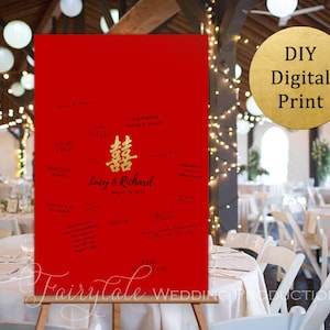 Personalizzato Cinese Ricevimento di Nozze Rosso e Oro Doppia Felicità Guest Book Signature Poster Board Sign Asian Banquet - Stampa digitale fai-da-te